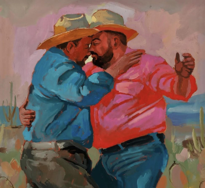 Painting of two men wearing cowboy hats holding each other while dancing closely