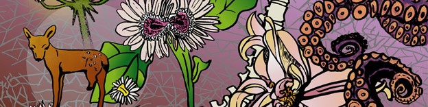 Image from Sins Invalid: Drawing collage of fawn with one short leg, double-headed aster-like flower, curved spine, and lily overlapping with octopus tentacles on a mauve background with light blue graphics