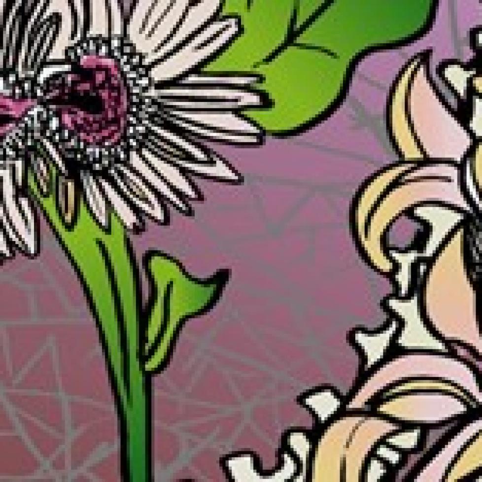 Image from Sins Invalid: Drawing collage of fawn with one short leg, double-headed aster-like flower, curved spine, and lily overlapping with octopus tentacles on a mauve background with light blue graphics