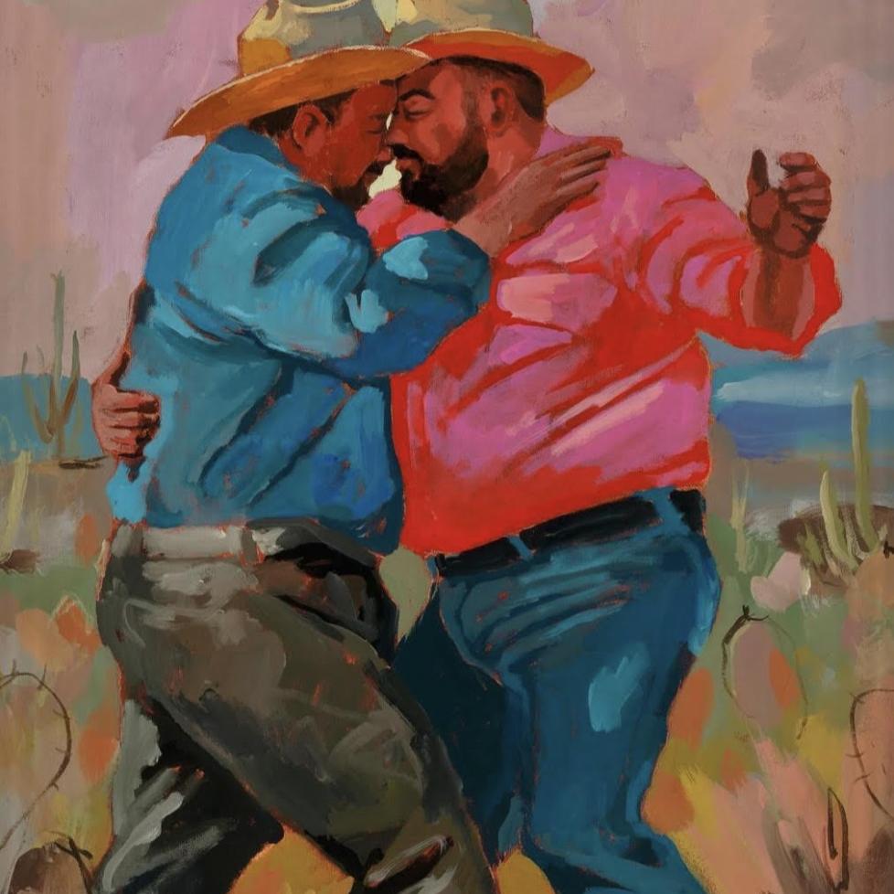 Artwork: “Don’t forget to dance” by Anthony Hurd. Pictures two cowboys dancing while embracing.