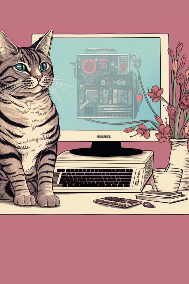 Feminist Department handbook cover with illustration of tabby cat sitting on a desk in front of a computer monitor 